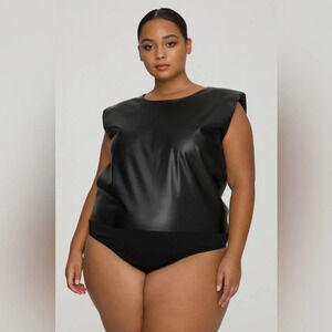 NWT Strong-Shoulder Faux-Leather Black Sleeveless Bodysuit Size 5 (2XL)